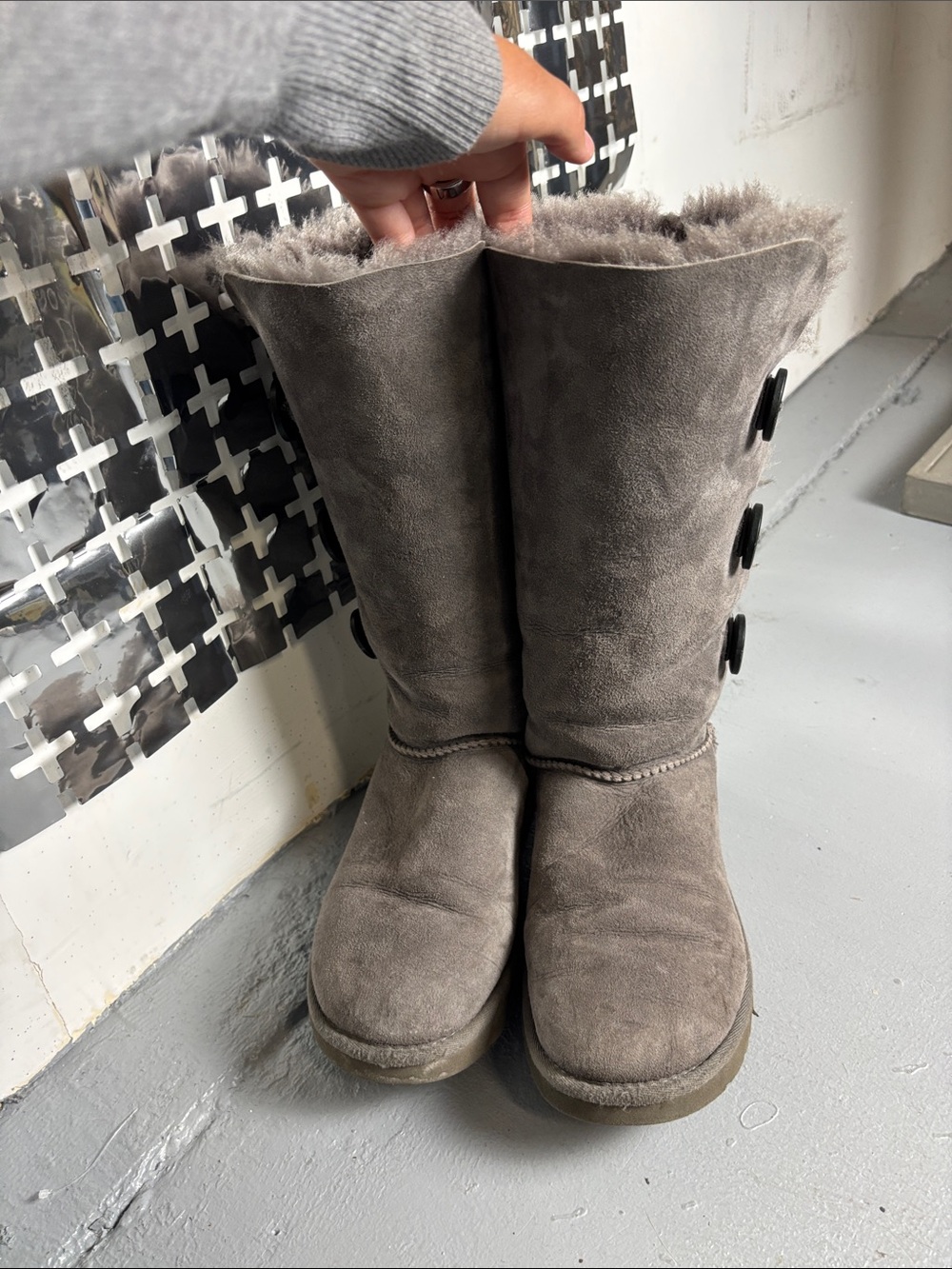 UGG Gray Suede Shearling Mid-Calf Button Boots